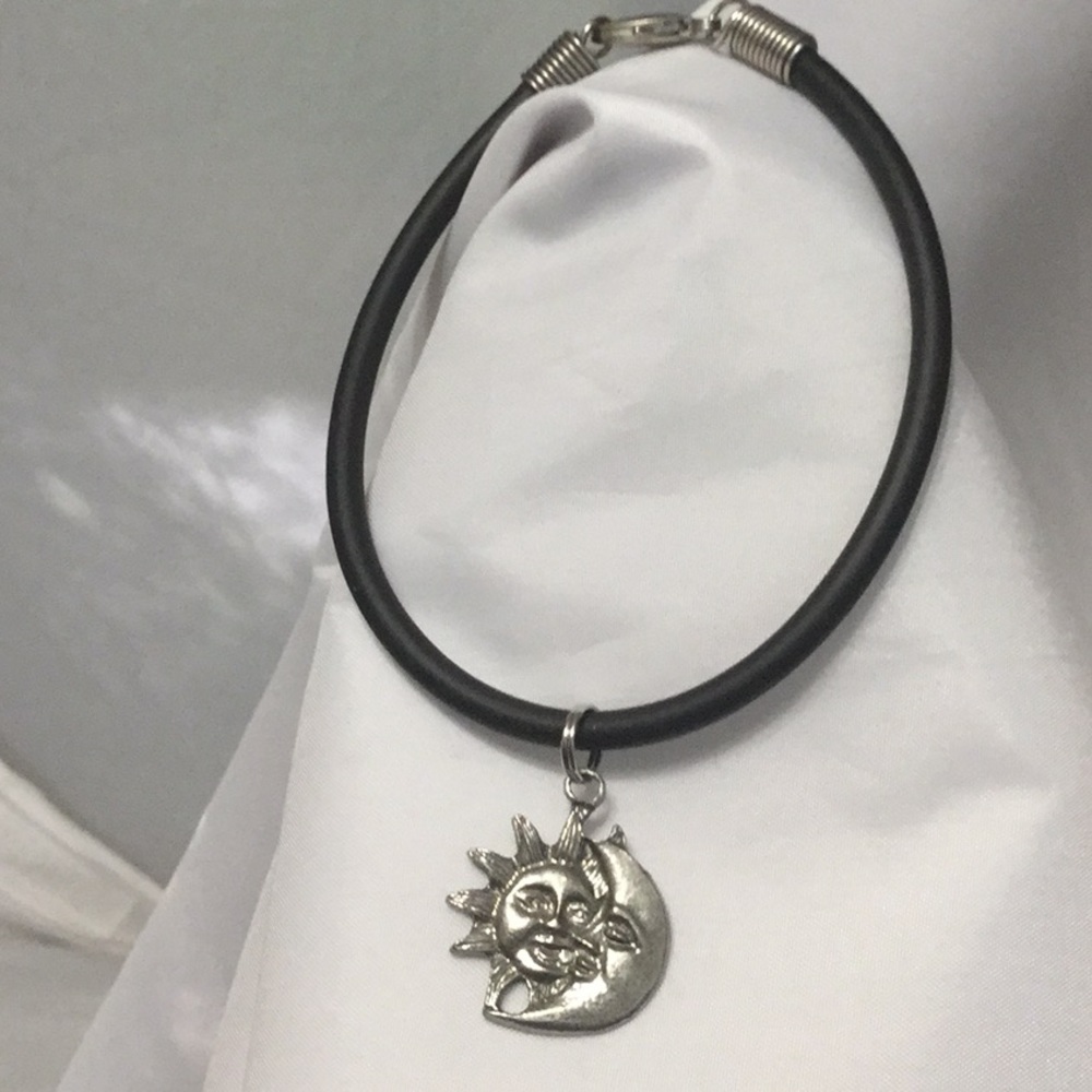 Pewter Sun & Moon Charm on Black Rubber Bracelet